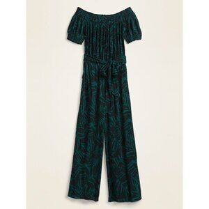 Old Navy Womens Womens Size M Tall Teal Tropical Off Shoulder Belted Jumpsuit